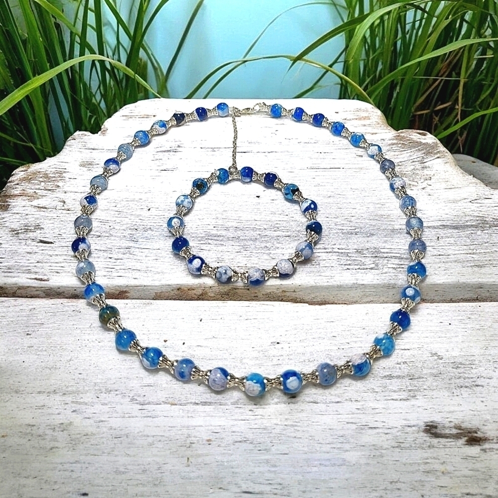 Handcrafted Blue & White Glass Bead Necklace and Bracelet Set
